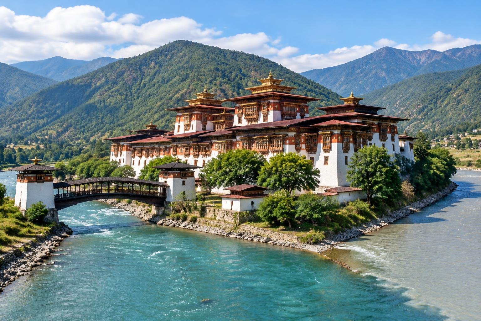 Dzong de Punakha au confluent des rivières au Bhoutan — illustration