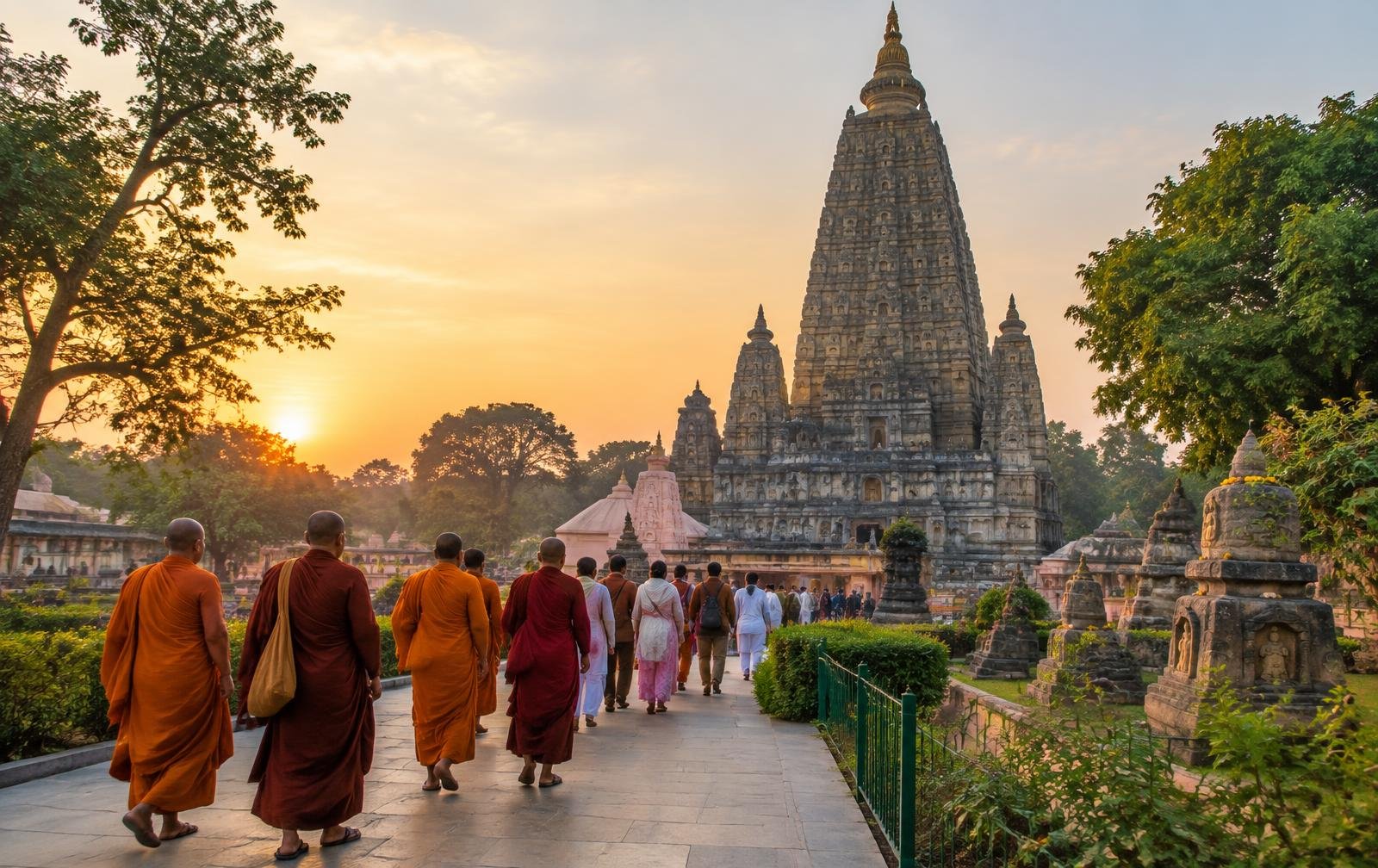 Pèlerins au temple de la Mahabodhi à Bodhgaya
