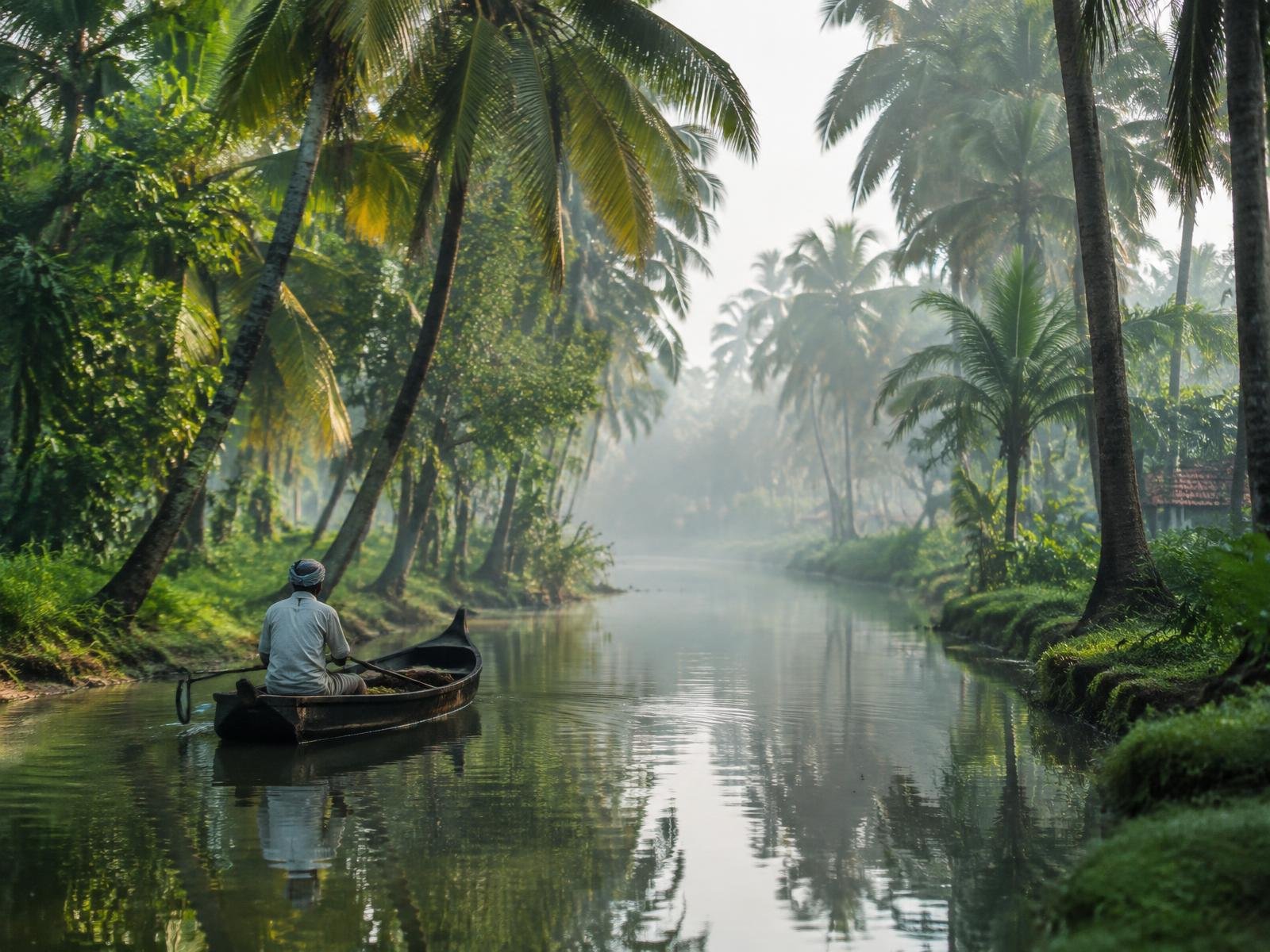 Canal des backwaters du Kerala bordé de cocotiers
