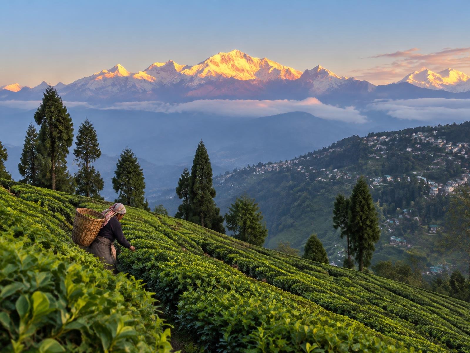 Plantation de thé de Darjeeling face au Kangchenjunga