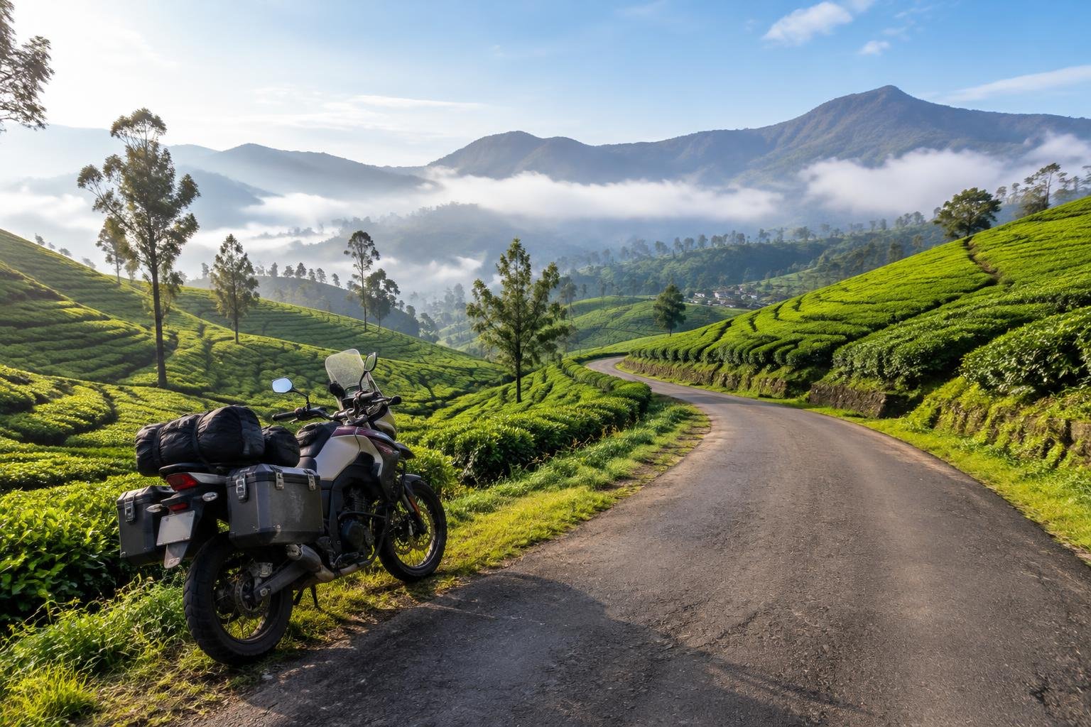 Route au milieu des plantations de thé de Munnar au Kerala — illustration