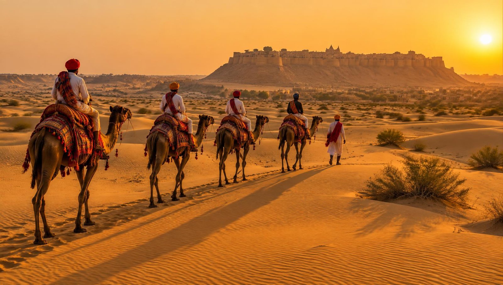 Caravane de chameaux dans le désert du Thar devant le fort de Jaisalmer, Rajasthan