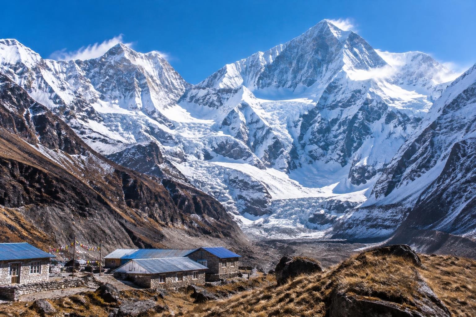 Lodges et sommets au camp de base de l’Annapurna — illustration