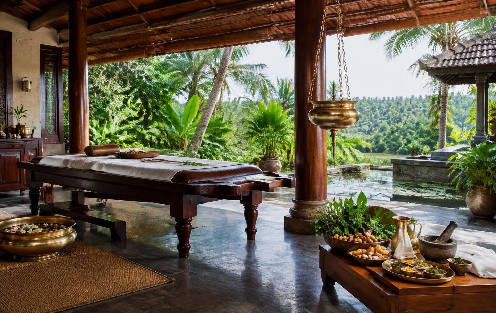 Pavillon de soins ayurvédiques dans la végétation du Kerala