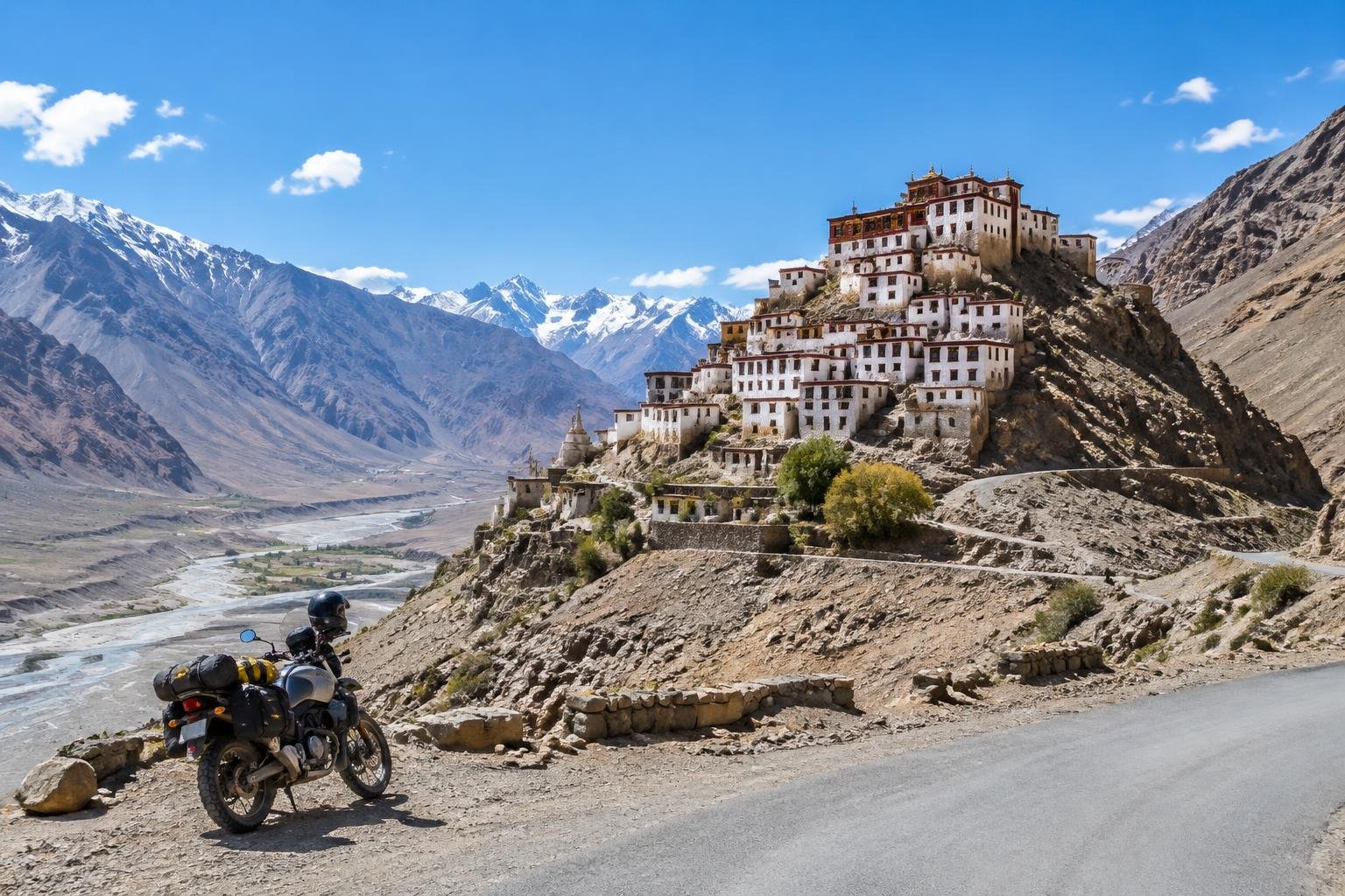 Monastère de Key et route de montagne dans la vallée de Spiti — illustration