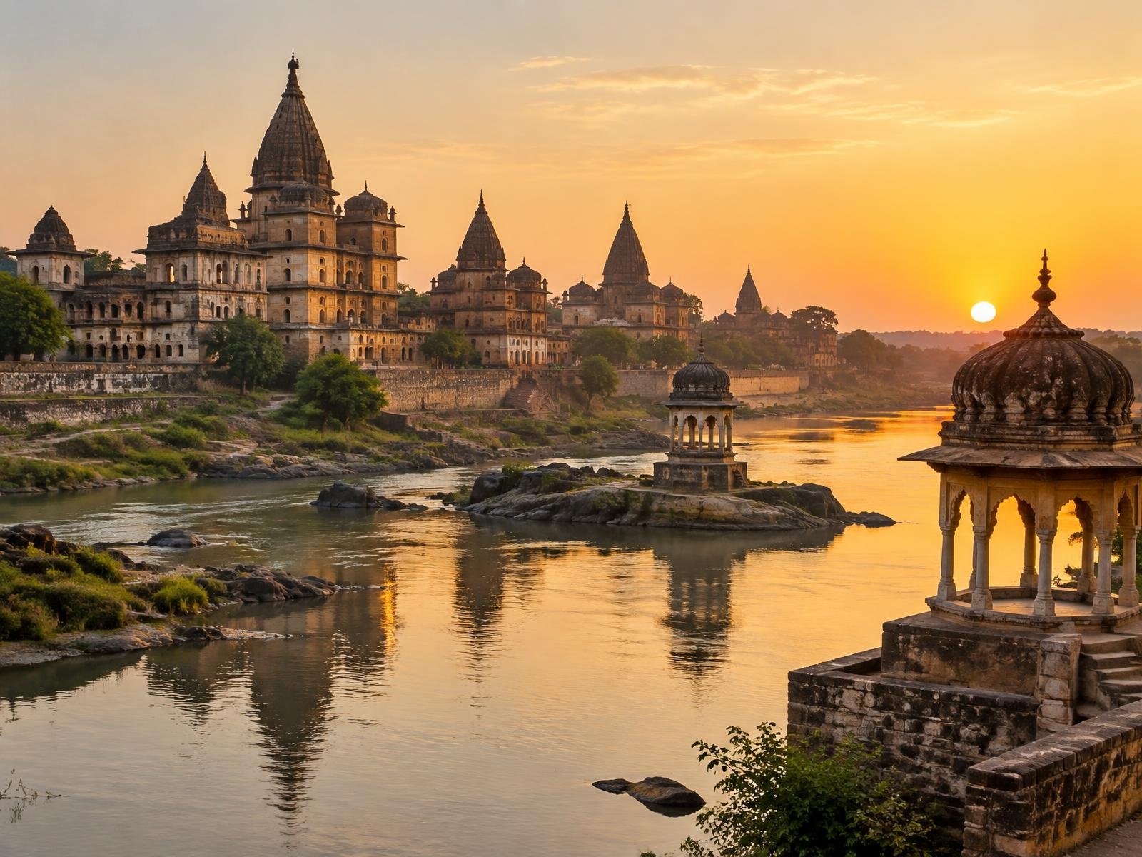 Palais et cénotaphes d'Orchha au bord de la Betwa