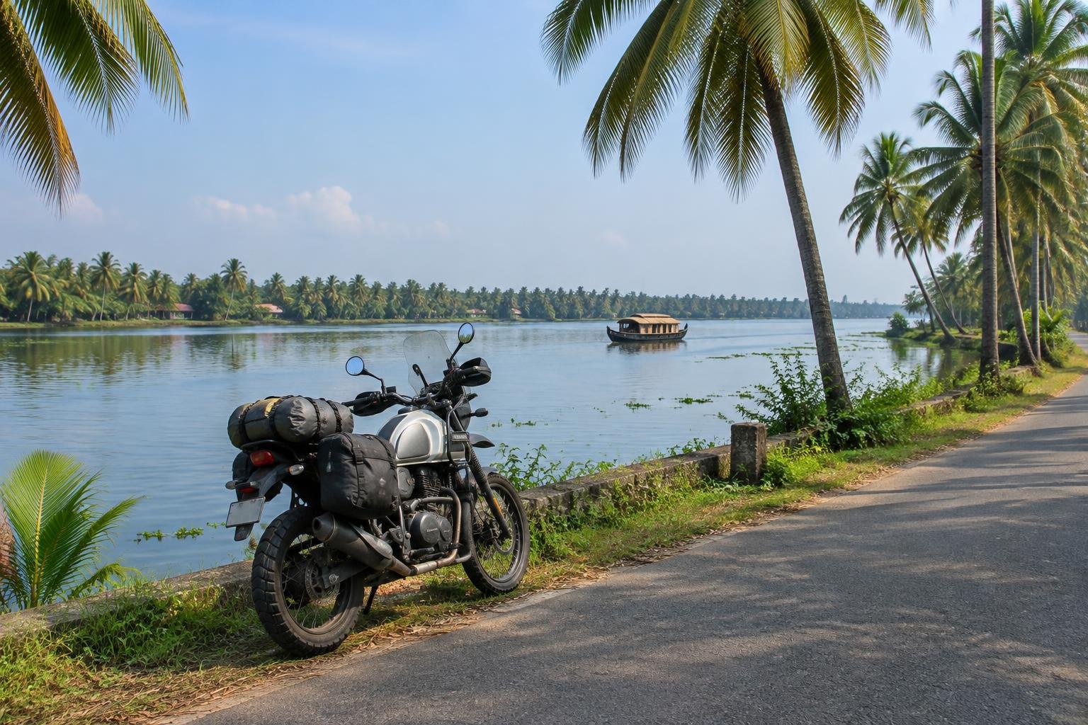 Moto au bord des backwaters du Kerala, près de Kochi — illustration